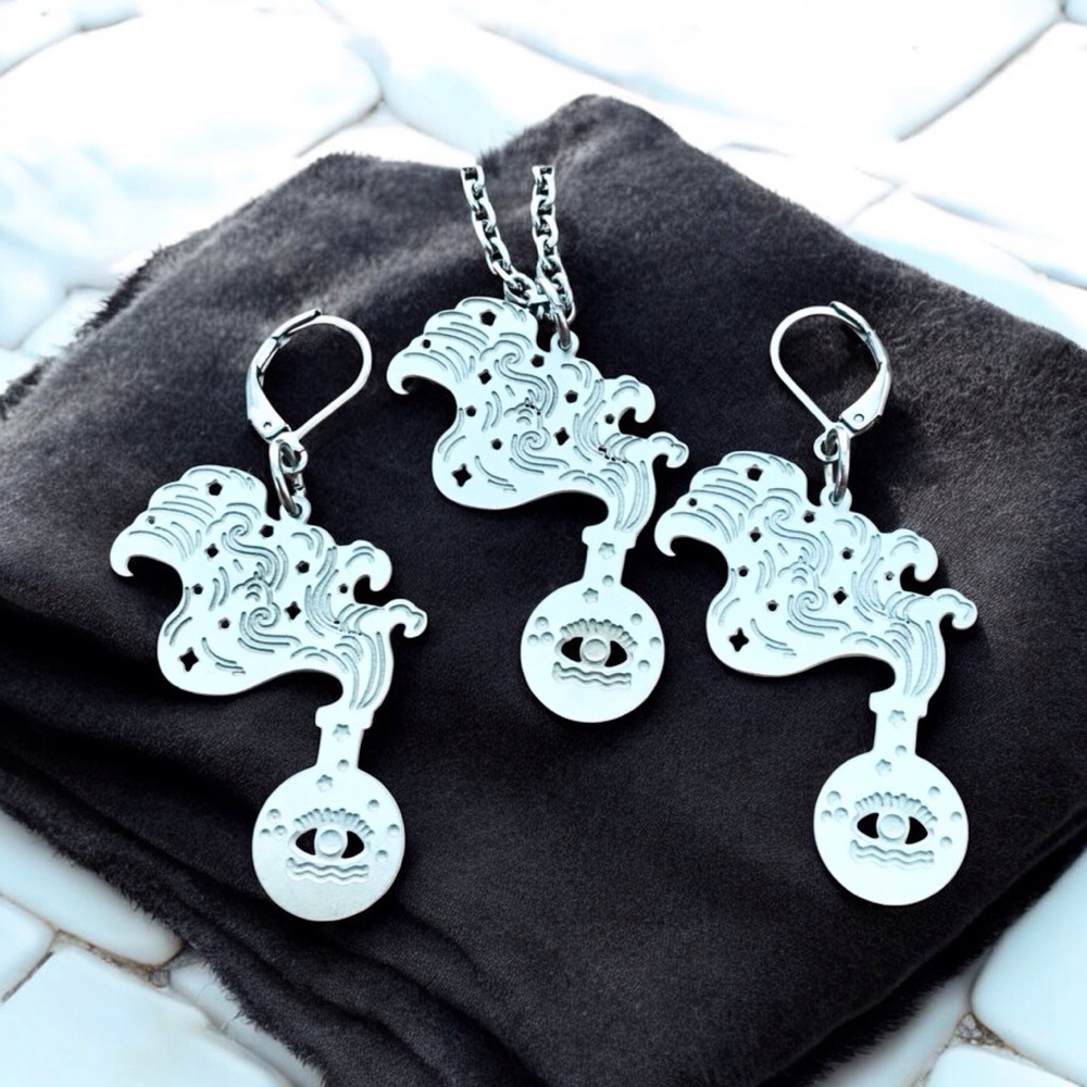 🆕 Bottle of Poison Laser Etched Necklace and Earrings Set Stainless Steel